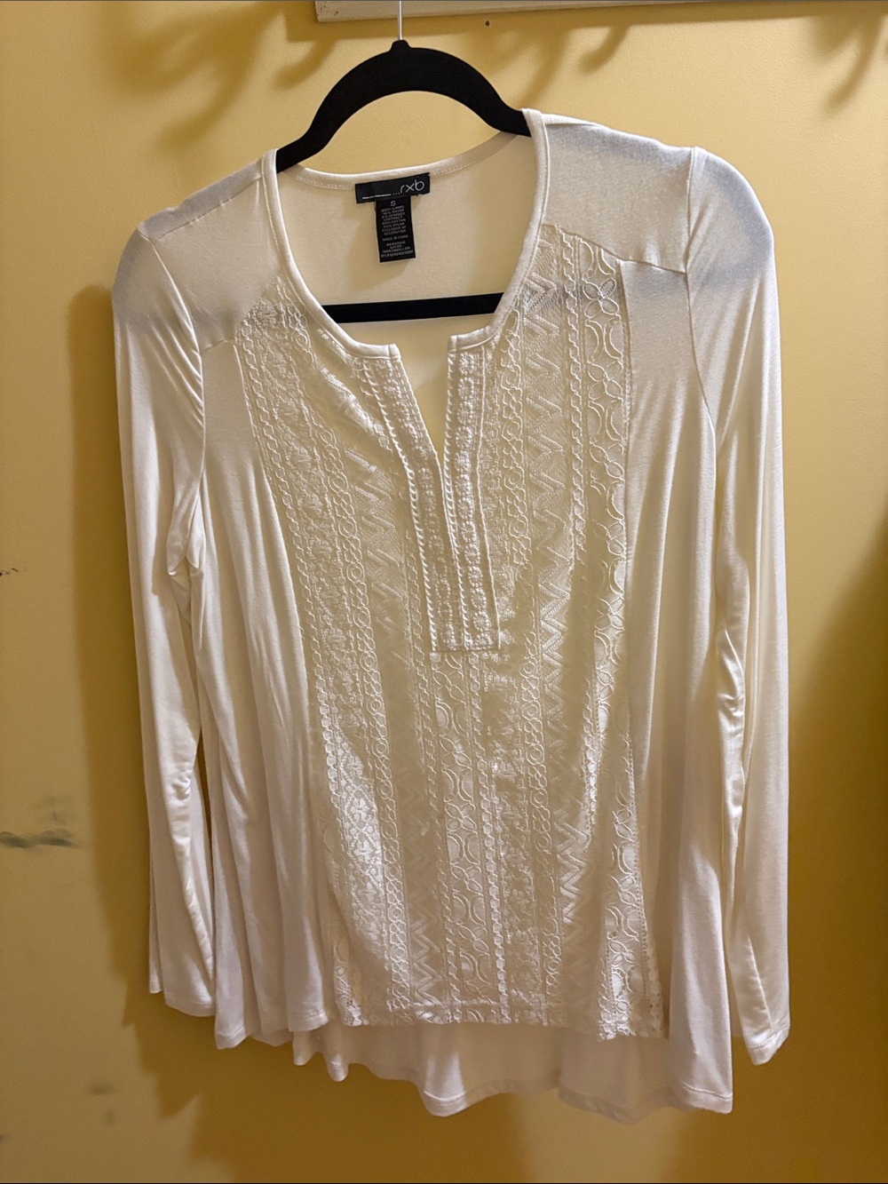 RXB Cream Long-Sleeve Lace-Front Scoop Neck Top